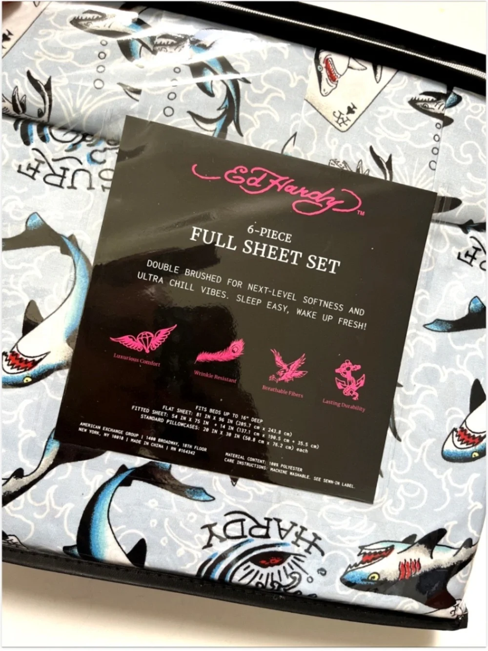 Ed Hardy Shark Full Sheet Set 6 Piece Surf Tattoo Print Blue Bedding NWT